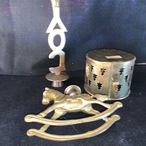 Triptych Brass Candle Holder Set - Joy Design, Rocking Horse, Voltive Pine Trees